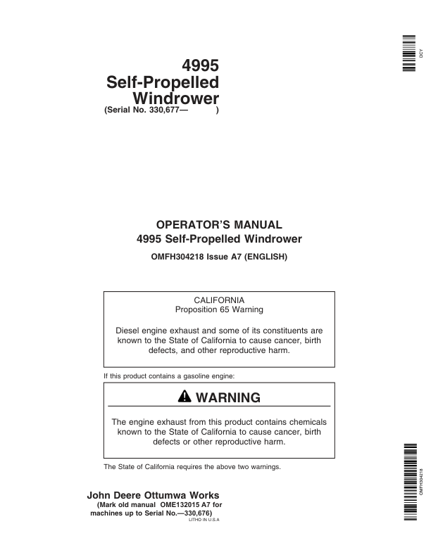 John Deere 4995 Self-Propelled Windrower Operator's Manual (OMFH304218)