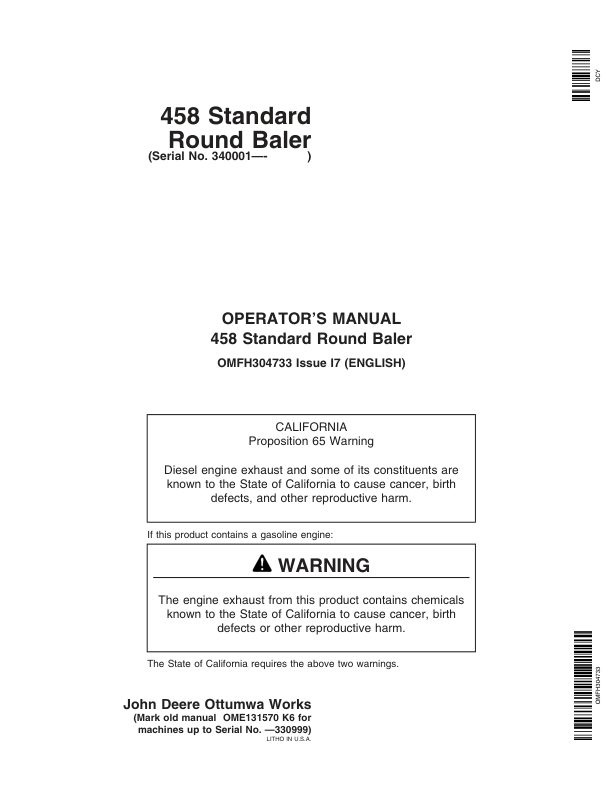 John Deere (340001- ) 458 Standard Round Baler (Regular Pickup Only) (340001-349999 ) Operator's Manual (OMFH304733)