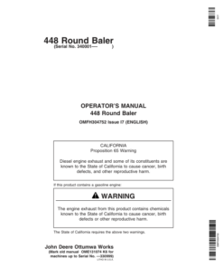 John Deere 448 Round Baler (340001- 349999) Operator's Manual (OMFH304752)