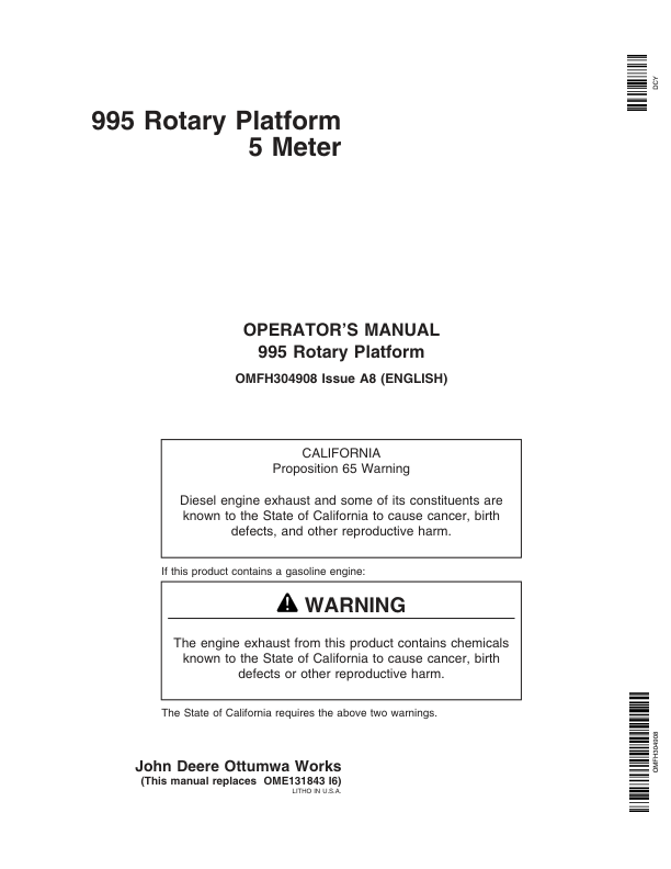 John Deere 995 Rotary Platform 5 Meter (000001-349999) Operator's Manual (OMFH304908)
