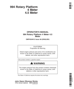 John Deere 994 Rotary Platform 4 Meter 4.5 Meter (000001-349999) Operator's Manual (OMFH304912)