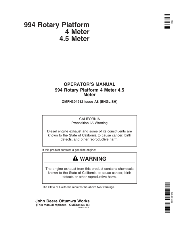 John Deere 994 Rotary Platform 4 Meter 4.5 Meter (000001-349999) Operator's Manual (OMFH304912)