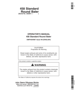 John Deere 458 Standard Round Balers (Regular Pickup Only) (352001-) Operator's Manual (OMFH304967)