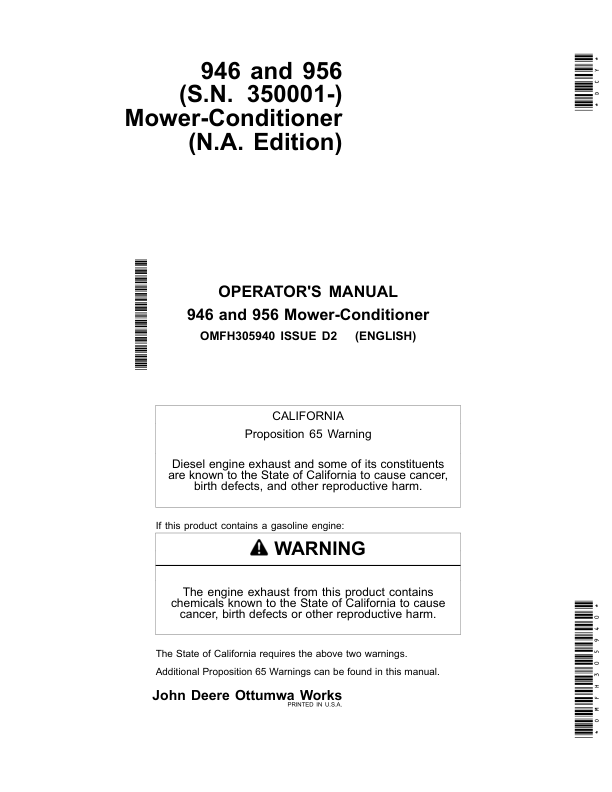 John Deere 946, 956 (S.N. 350001-) Mower-Conditioner (N.A. Edition) Operator's Manual (OMFH305940)