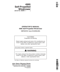 John Deere 4995 Self-Propelled Windrower (350001-) Operator's Manual (OMFH307041)