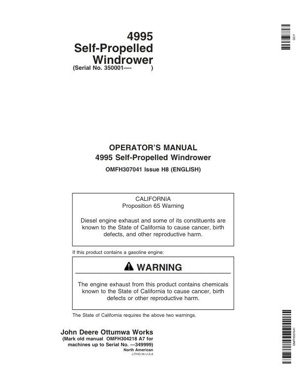 John Deere 4995 Self-Propelled Windrower (350001-) Operator's Manual (OMFH307041)