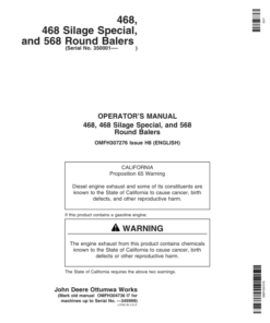 John Deere 468, 468 Silage Special, & 568 Round Balers (350001-360000) Operator's Manual (OMFH307276)