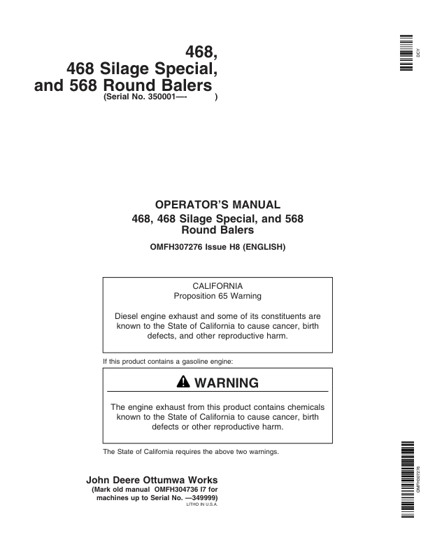 John Deere 468, 468 Silage Special, & 568 Round Balers (350001-360000) Operator's Manual (OMFH307276)