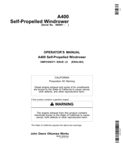 John Deere A400 Self-Propelled Windrower North America (360001-370000) Operator's Manual (OMFH309371)