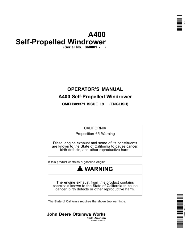 John Deere A400 Self-Propelled Windrower North America (360001-370000) Operator's Manual (OMFH309371)