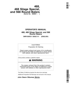 John Deere 468, 468 Silage Special, & 568 Round Balers (360001-) Operator's Manual (OMFH309531)
