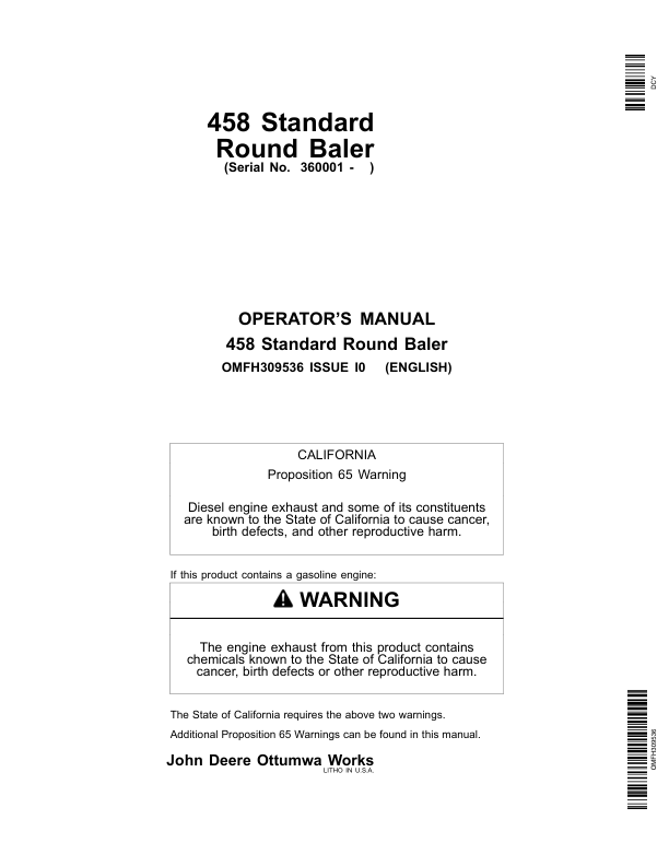 John Deere 458 Standard Round Balers (Regular Pickup Only) (360001-) Operator's Manual (OMFH309536)