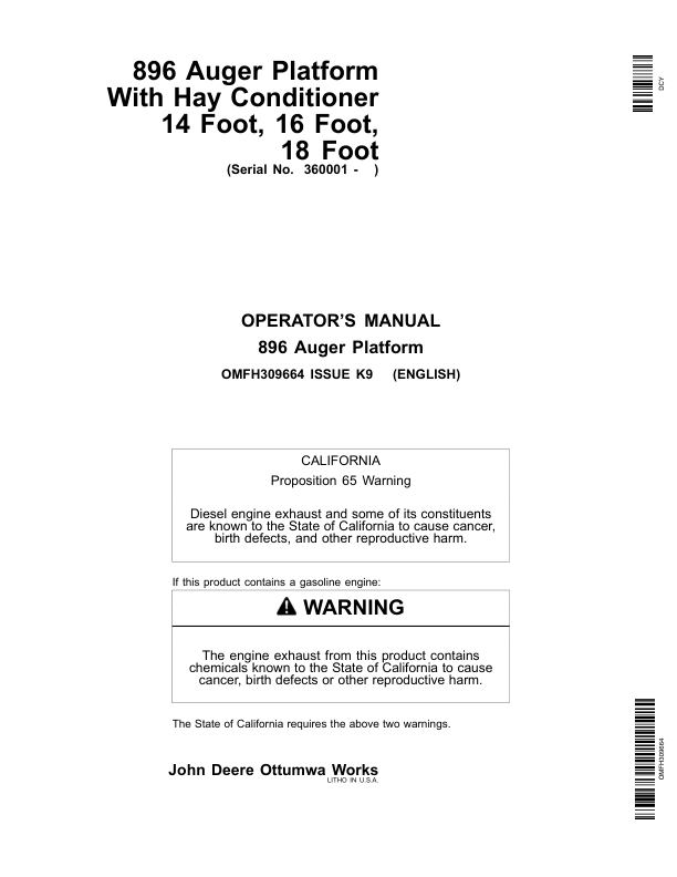 John Deere 896 Auger Platform North America (360001-370000) Operator's Manual (OMFH309664)