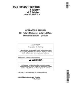 John Deere 994 Rotary Platform4 Meter4.5 Meter (360001-) Operator's Manual (OMFH309668)