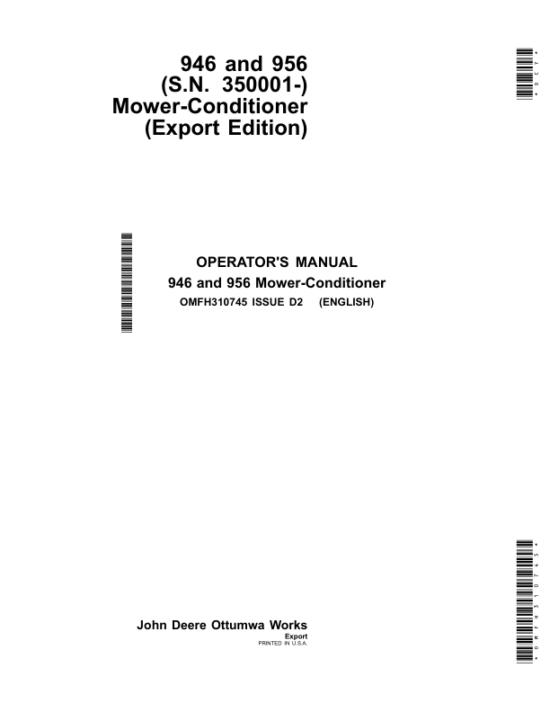 John Deere 946, 956 (S.N. 350001-) Mower-Conditioner (Export Edition) Operator's Manual (OMFH310745)