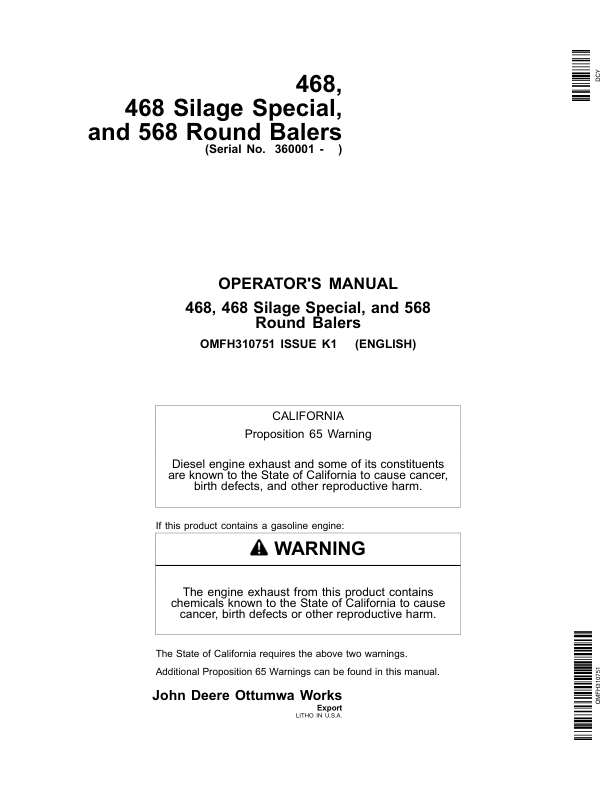 John Deere 468, 468 Silage Special, & 568 Round Balers Operator's Manual (OMFH310751)