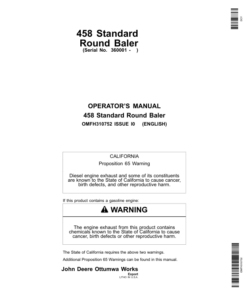John Deere 458 Standard Round Balers (Regular Pickup Only) Operator's Manual (OMFH310752)