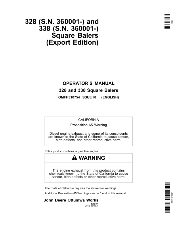 John Deere 328, 338 Square Balers Operator's Manual (OMFH310754)