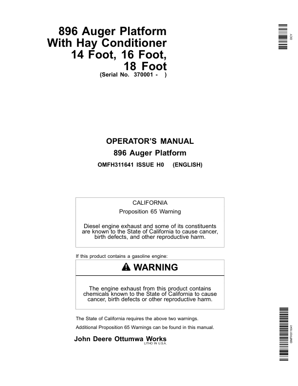 John Deere 896 Auger Platform North America (370001- ) Operator's Manual (OMFH311641)