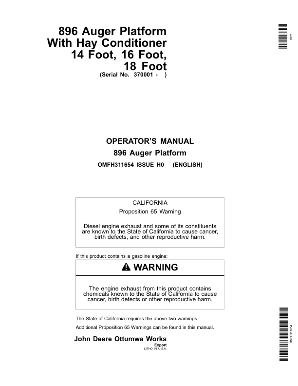John Deere 896 Auger Platform Export Edition (370001-) Operator's Manual (OMFH311654)