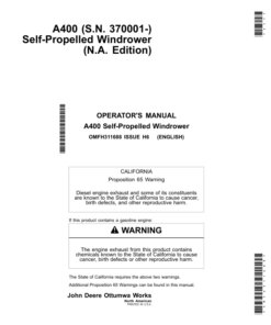 John Deere A400 Self-Propelled Windrower (North American) Operator's Manual (OMFH311688)