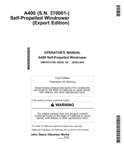John Deere A400 Self-Propelled Windrower (Export Edition) Operator's Manual (OMFH311708)