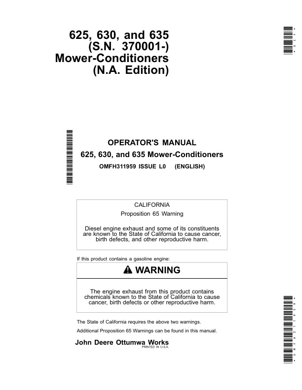 John Deere 625, 630, 635 Mower-Conditioners (370001-459999) Operator's Manual (OMFH311959)
