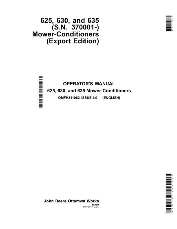 John Deere 625, 630, 635 Mower-Conditioners (370001-459999) Operator's Manual (OMFH311962)