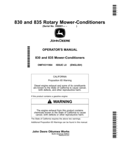John Deere 830, 835 Rotary Mower-Conditioners (350001-459999) Operator's Manual (OMFH311964)