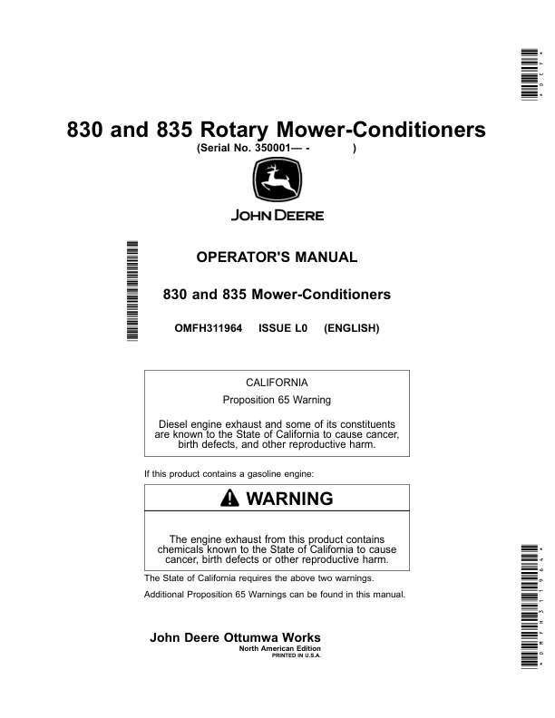 John Deere 830, 835 Rotary Mower-Conditioners (350001-459999) Operator's Manual (OMFH311964)