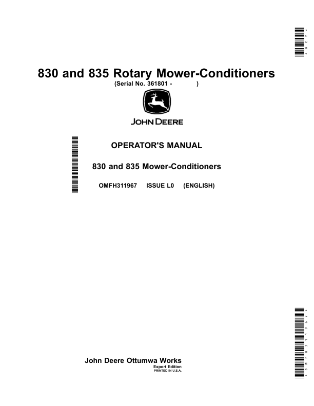 John Deere 830, 835 Rotary Mower-Conditioners (361801-459999) Operator's Manual (OMFH311967)