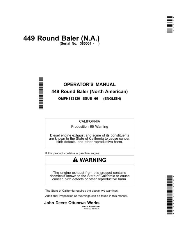 John Deere 449 Round Baler (North American) Operator's Manual (OMFH313120)