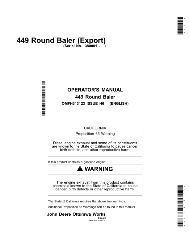 John Deere 449 Round Balers (Export Edition) Operator's Manual (OMFH313123)