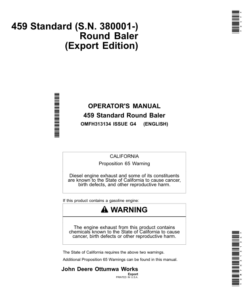 John Deere 459 Standard Round Baler Export Edition (380001- ) Operator's Manual (OMFH313134)