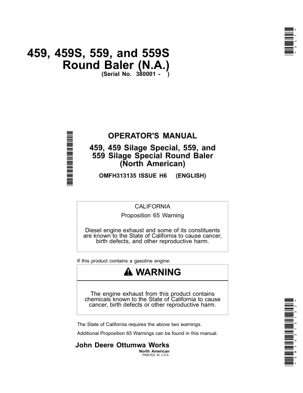 John Deere 459, 459S, 559 & 559S Round Balers (North American) Operator's Manual (OMFH313135)