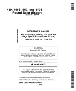 John Deere 459, 459S, 559 & 559S Round Balers (Export Edition) Operator's Manual (OMFH313138)
