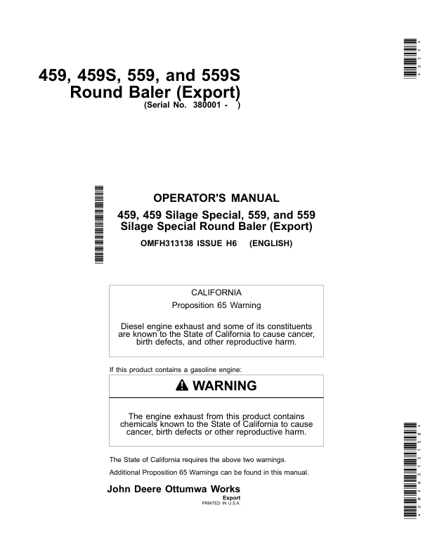 John Deere 459, 459S, 559 & 559S Round Balers (Export Edition) Operator's Manual (OMFH313138)