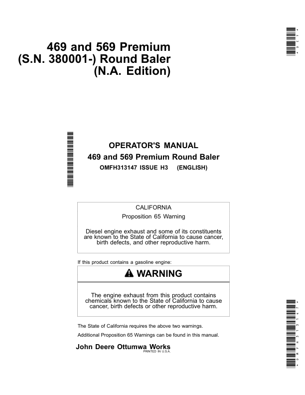 John Deere 469 & 569 Premium Round Balers North America (380001-410000) Operator's Manual (OMFH313147)