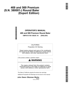 John Deere 469 & 569 Premium Round Baler Export Edition (380001-410000) Operator's Manual (OMFH313150)