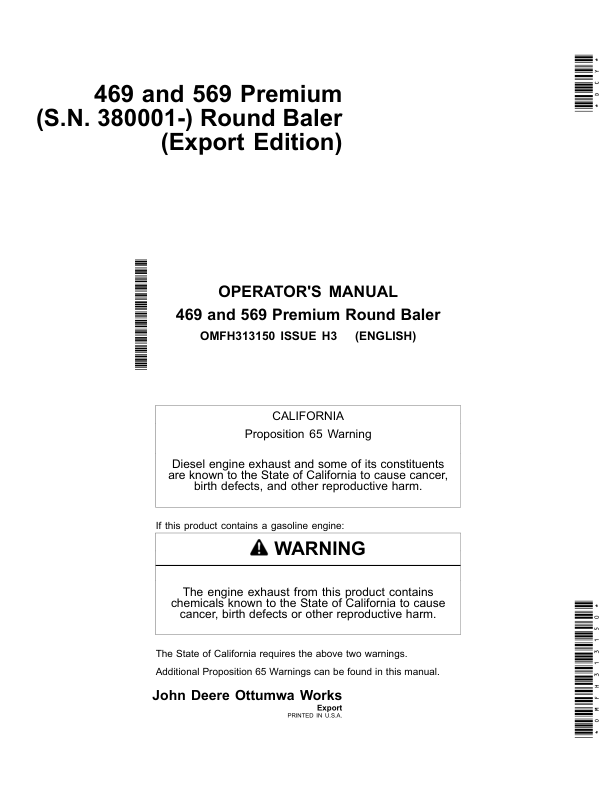 John Deere 469 & 569 Premium Round Baler Export Edition (380001-410000) Operator's Manual (OMFH313150)