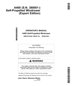 John Deere A400 Self-Propelled Windrower (Export Edition) Operator's Manual (OMFH314463)