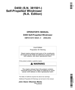John Deere D450 Self-Propelled Windrower (381501-) Operator's Manual (OMFH314470)