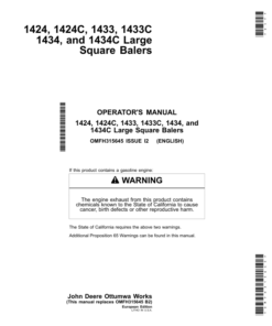 John Deere 1424, 1424C, 1433, 1433C, 1434, 1434C Large Square Balers Operator's Manual (OMFH315645)