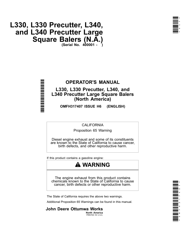 John Deere L330 & L330 Precutter, L340 & L340 Precutter Large Square Balers (North American) Operator's Manual (OMFH317407)