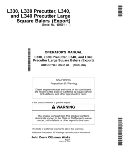 John Deere L330 & L330 Precutter, L340 & L340 Precutter Large Square Balers (Export Edition) Operator's Manual (OMFH317961)
