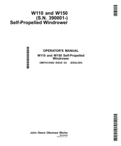 John Deere W110, W150 (S.N. 390001-) Self-Propelled Windrower Operator's Manual (OMFH318462)