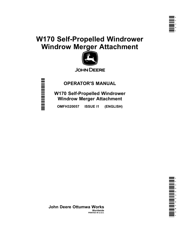 John Deere W170 Self-Propelled Windrower Windrow Merger Attachment (Worldwide) Operator's Manual (OMFH320057)
