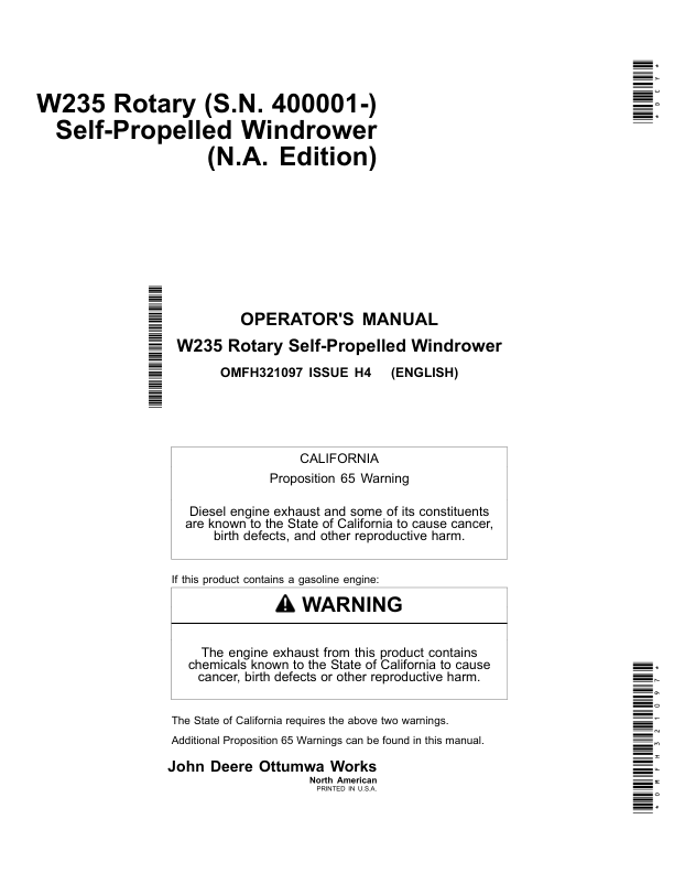 John Deere W235 Rotary Self-Propelled Windrowers North America (400001-420000) Operator's Manual (OMFH321097)