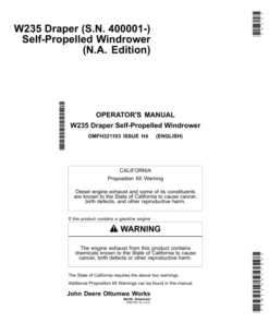 John Deere W235 Draper Self-Propelled Windrower (400001-) Operator's Manual (OMFH321103)