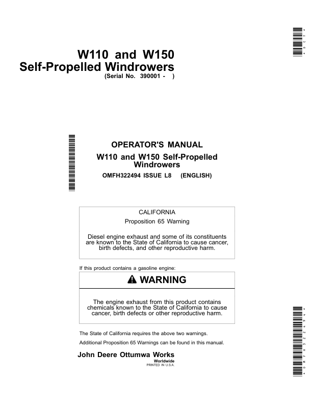 John Deere W110 Self-Propelled Windrowers Operator's Manual (OMFH322494)